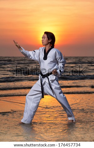 Martial arts man on beach at sunset