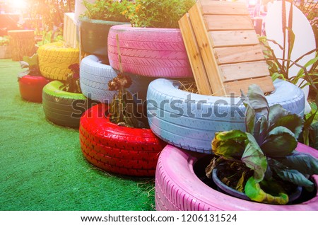 Recycle tires wheel on yard, paint the color used flowerpot,plant vegetables for decorated the garden with sunlight.Concept create value from the waste.