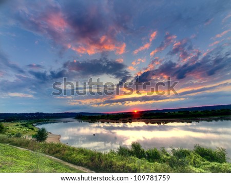 Beautiful summer sunrise over Oka river in Russia.
