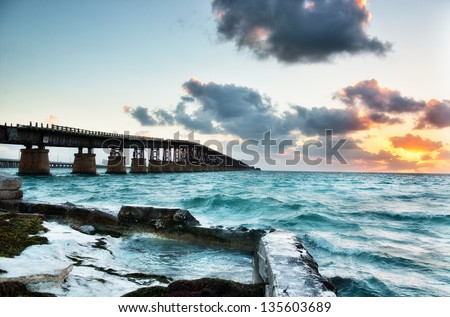 Old Bahia Honda Railroad bridge at sunrise. Florida Keys Islands, USA.