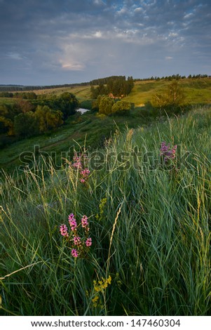 Natural colors summer sunrise over fields and hills in Russia