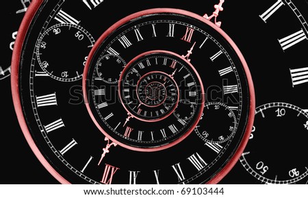 Looks like reversed infinity time spiral, digital generated image with red clock arrow and 12 number