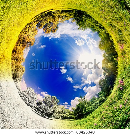 panoramic image looks like planet with seasons change. Ecology and space concept