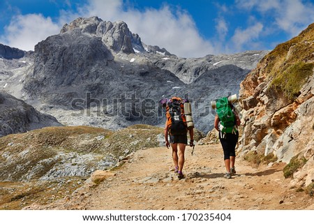 High mountains trekking two people Picos de Europa Cantabria Spain