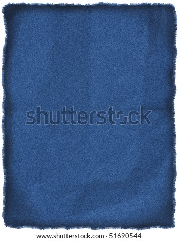Wrinkled, old blue jeans patch on letter size paper.