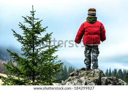 Boy hiking standing on a cliff looking away at the mountains