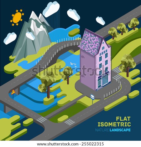 Flat vector landscape isometric concept nature with mountains, building, bridge and river. Pictured 3d isometric concept.