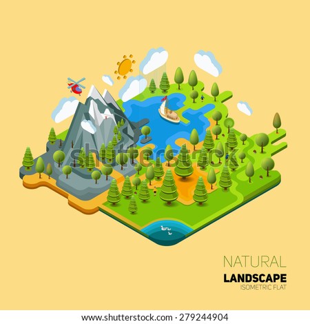 Environment friendly natural landscape with mountains river and forest around. Vector work flat isometry 3D concept.