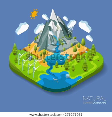Environment friendly natural landscape with mountains river and forest around. Vector work flat isometric 3D concept.