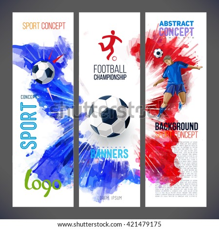 Euro 2016 France football championship. Sports banners with Soccer player and football ball against the background of the red, blue ink. Painted with watercolors. Isolate on white. Logo sport.