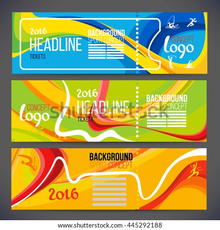 Vector composition of a wave of bands with different colors are intertwined including sport symbols.Concept brochure, web sites,page,leaflet,Design sport banners or ticket 2016 year with logo element.