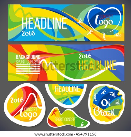 Vector composition of a wave of bands with different colors are intertwined including sport symbols.sport brochure, isolate stickers, web sites,page,leaflet,Design banners or ticket headline 2016 year