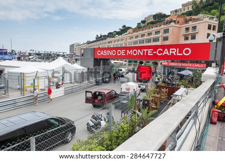 Monte Carlo, Monaco - May 19, 2015: Preparations underway for the 2015 Formula One Monaco Grand Prix, as the principalities streets become a race circuit. The footbridge is a landmark on the circuit.