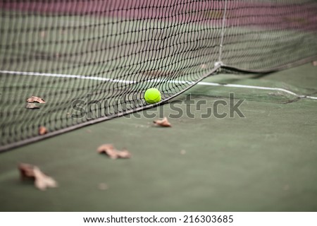 Tennis ball in a net on an unmaintained court on an autumn day