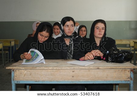 BAHARAK, AFGHANISTAN - AUGUST 12: Afghan girls from Baharak, Badakhshan, in class room August 12, 2009 in Baharak, northern Afghanistan. Attending a lesson.