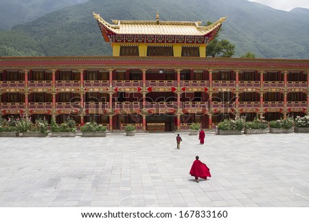 Kangding city, Sichuan province, China - July 28, 2013 - the view of Namo Monastery, a famous ancient temple in Sichuan, there are many monk study in there.