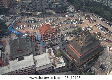 Chongqing, China - February 13, 2014: Overlook view of Luohan Temple and the open car park around it at daytime