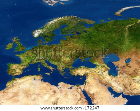 Real looking Earth map.  Europe in the center. Map is accurate and right, like in reality.