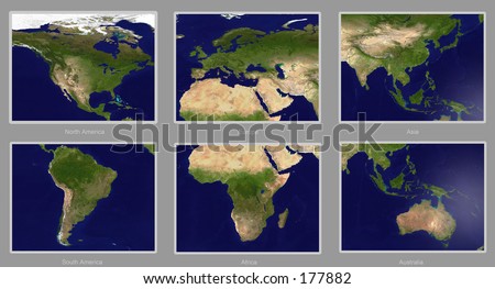 Earth maps, six continents. Note: maps are accurate like in reality