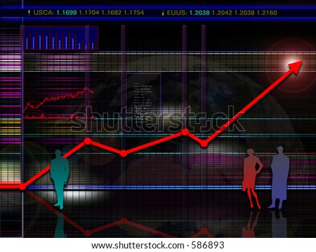 Abstract modern and/or futuristic stock and market chart scenario: charts, arrow, rate of exchange, diagrams, people silhouettes, Earth in the center