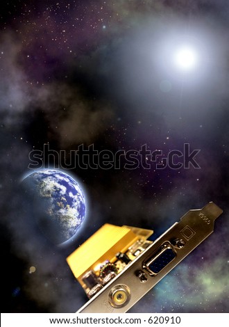 Space scenario. Information technology age Space ship: videocard over the the Earth
