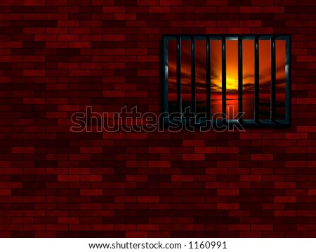 Latticed prison window, sunset beyond