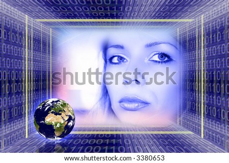 Global information technologies concept. An Earth planet and a luminous girl in the binary code tunnel