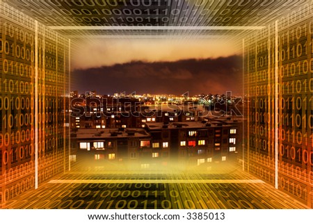 Digital city. Binary tunnel and city at night