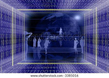 Abstract information technologies background with binary code tunnel and people silhouettes