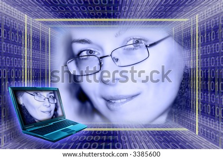 Information technology concept. A luminous girl, digital tunnel and laptop