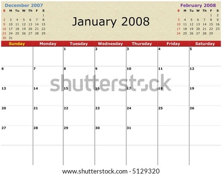 Monthly calendar for January, 2008, with previous and next months