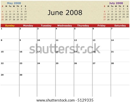 Monthly calendar for June, 2008, with previous and next months