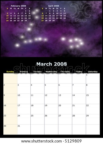 2008 Year Monthly calendar with Zodiac sign, previous and next months