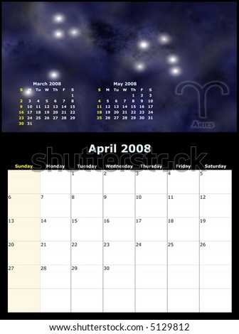 2008 Year Monthly calendar with Zodiac sign, previous and next months