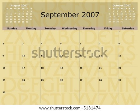 School Year, September to May, monthly calendar, against alphabet background