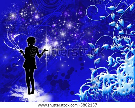 Stars girl- abstract floral design with girl silhouette and stars