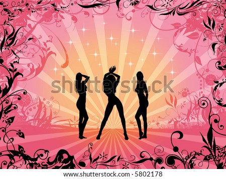 Girls silhouettes against shining retro, floral background