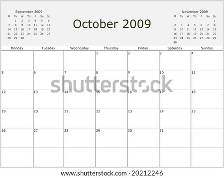 2009 Year Monthly calendar with previous and next months. Start of week Monday