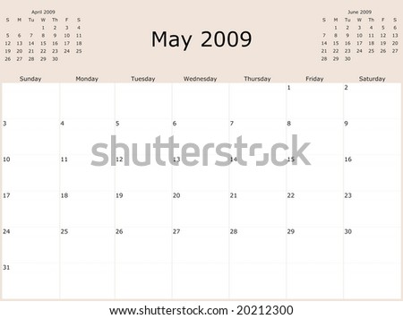 2009 Year Monthly calendar with previous and next months. Start of week Sunday