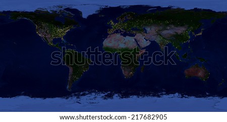 Extra large size physical world map. Elements of this image furnished by NASA. This image has been created from 90 smaller images, merged in to one huge picture. Night view with lights of cities.