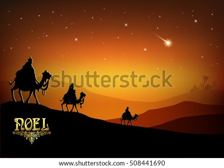 Stylized Biblical Christmas etude: three Wise Men are visiting the new King of Jerusalem Jesus Christ after His birth.