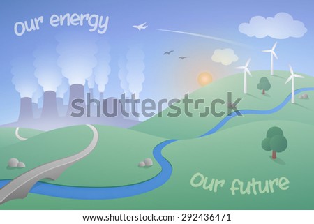 Landscape with Energy Theme - a simple and modern vector landscape with a power station and wind farm.