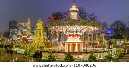 The carousel and christmas illumination in Tivoli Gardens, Compenhagen, Denmark