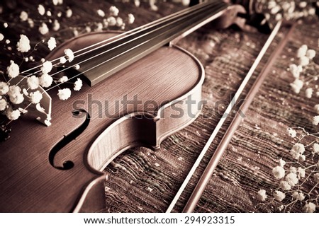 Violin and bow with gypsophelia on woven cloth for musical concepts and love and romance