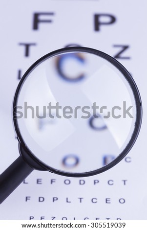 Magnifying glass and eye test for concepts of medicine and health visual aids