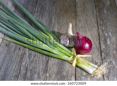 Spring onions bunch with garlic and red onion on wooden background