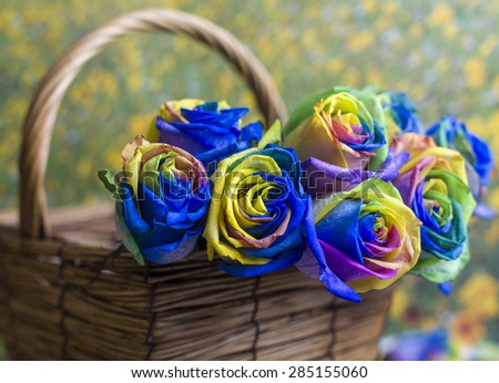 Bunch of rainbow roses in basket on bokeh background
