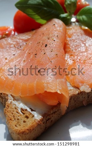 Healthy smoked salmon on toast with cream cheese, basil, and cherry tomato's