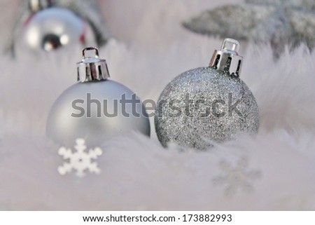 silver christmas decoration with fake snow made of white fur