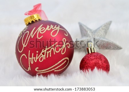 Red silver Christmas decoration with fake snow made of white fur
